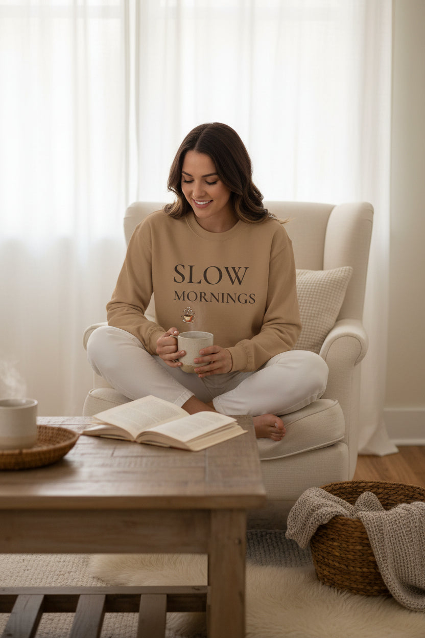 Women’s Slow Mornings Sweatshirt, Cozy Coffee Graphic Crewneck, Casual Pullover