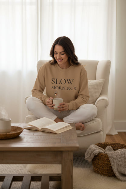 Women’s Slow Mornings Sweatshirt, Cozy Coffee Graphic Crewneck, Casual Pullover