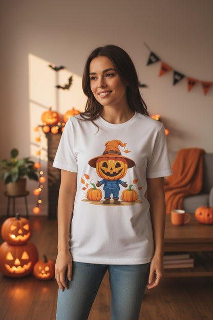 Women’s Scarecrow Pumpkin Halloween T-Shirt, Cute Fall Graphic Tee, Autumn Shirt