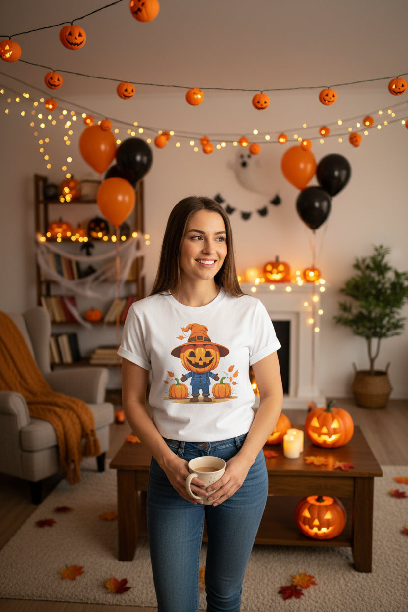 Women’s Scarecrow Pumpkin Halloween T-Shirt, Cute Fall Graphic Tee, Autumn Shirt