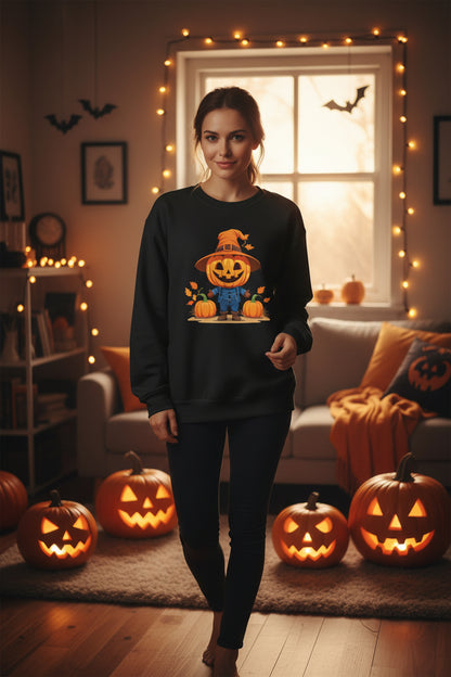 Jolly Scarecrow & Pumpkins Women's Halloween Sweatshirt | Cute Fall Graphic Sweatshirt | Halloween Party & Everyday Wear
