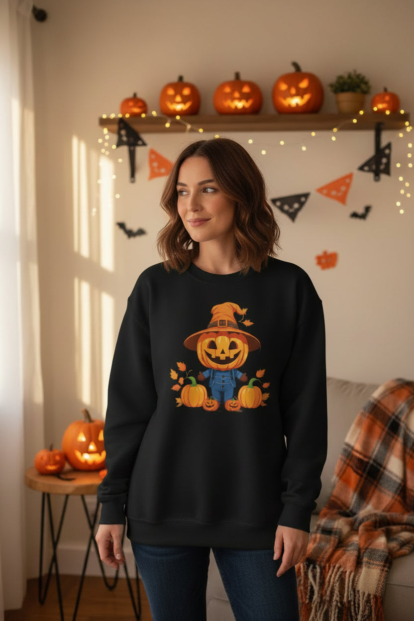 Jolly Scarecrow & Pumpkins Women's Halloween Sweatshirt | Cute Fall Graphic Sweatshirt | Halloween Party & Everyday Wear