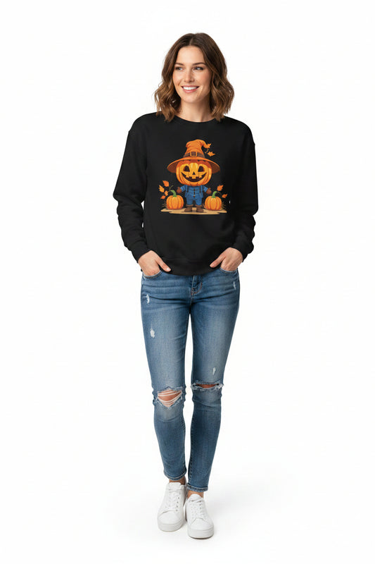 Jolly Scarecrow & Pumpkins Women's Halloween Sweatshirt | Cute Fall Graphic Sweatshirt | Halloween Party & Everyday Wear