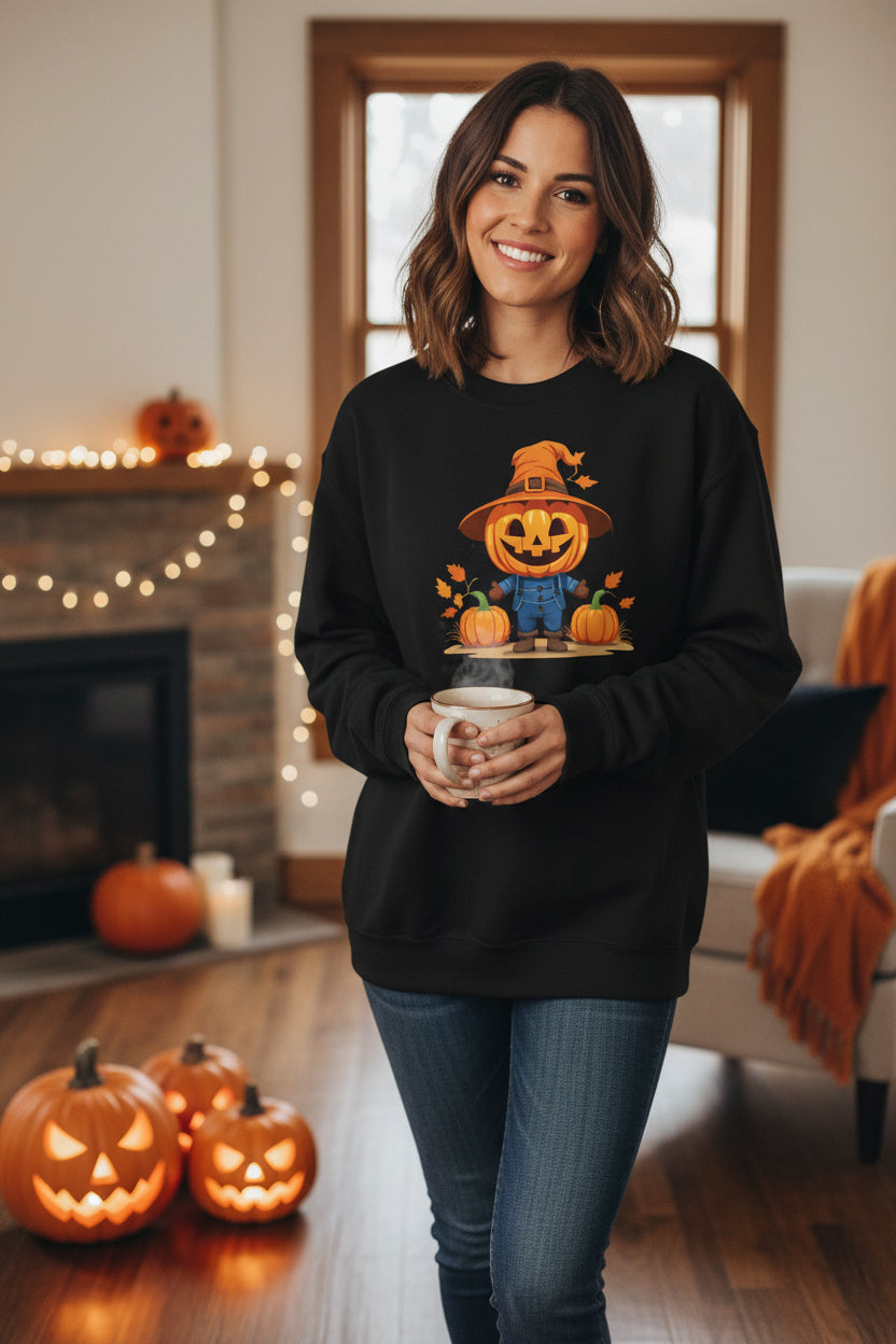 Jolly Scarecrow & Pumpkins Women's Halloween Sweatshirt | Cute Fall Graphic Sweatshirt | Halloween Party & Everyday Wear