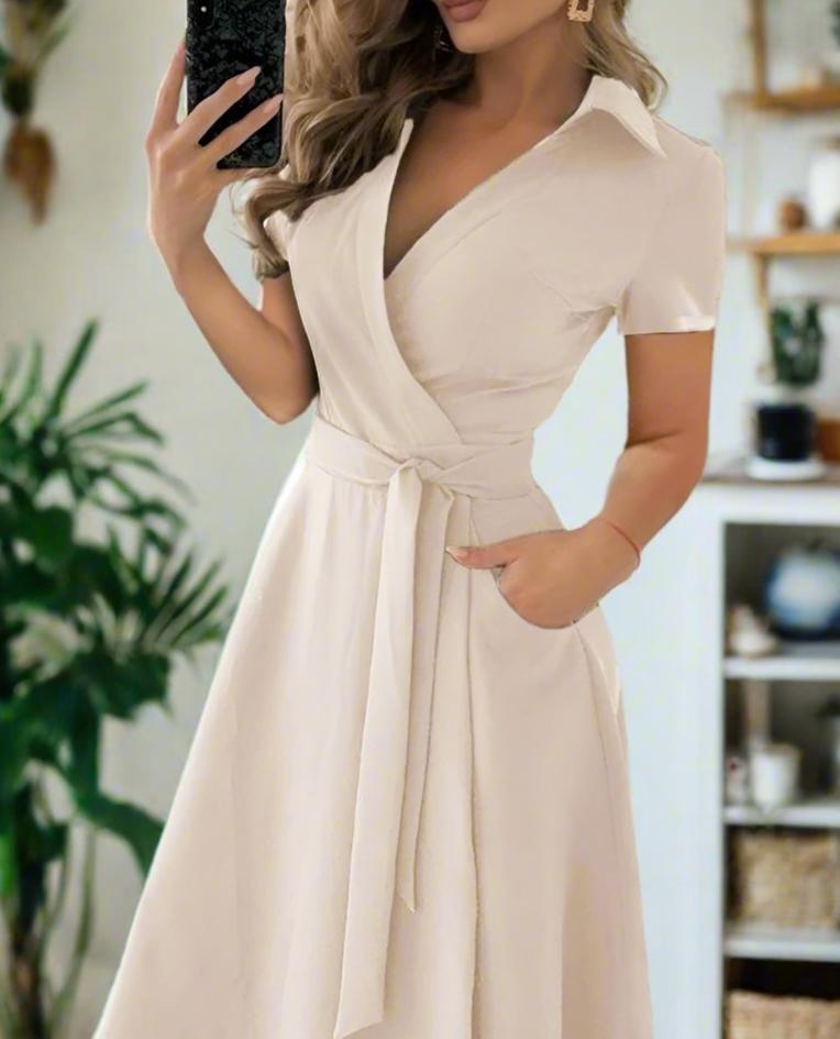 Elegant V-Neck Short Sleeve Dress — Timeless & Elegant Style