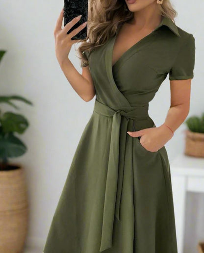 Elegant V-Neck Short Sleeve Dress — Timeless & Elegant Style