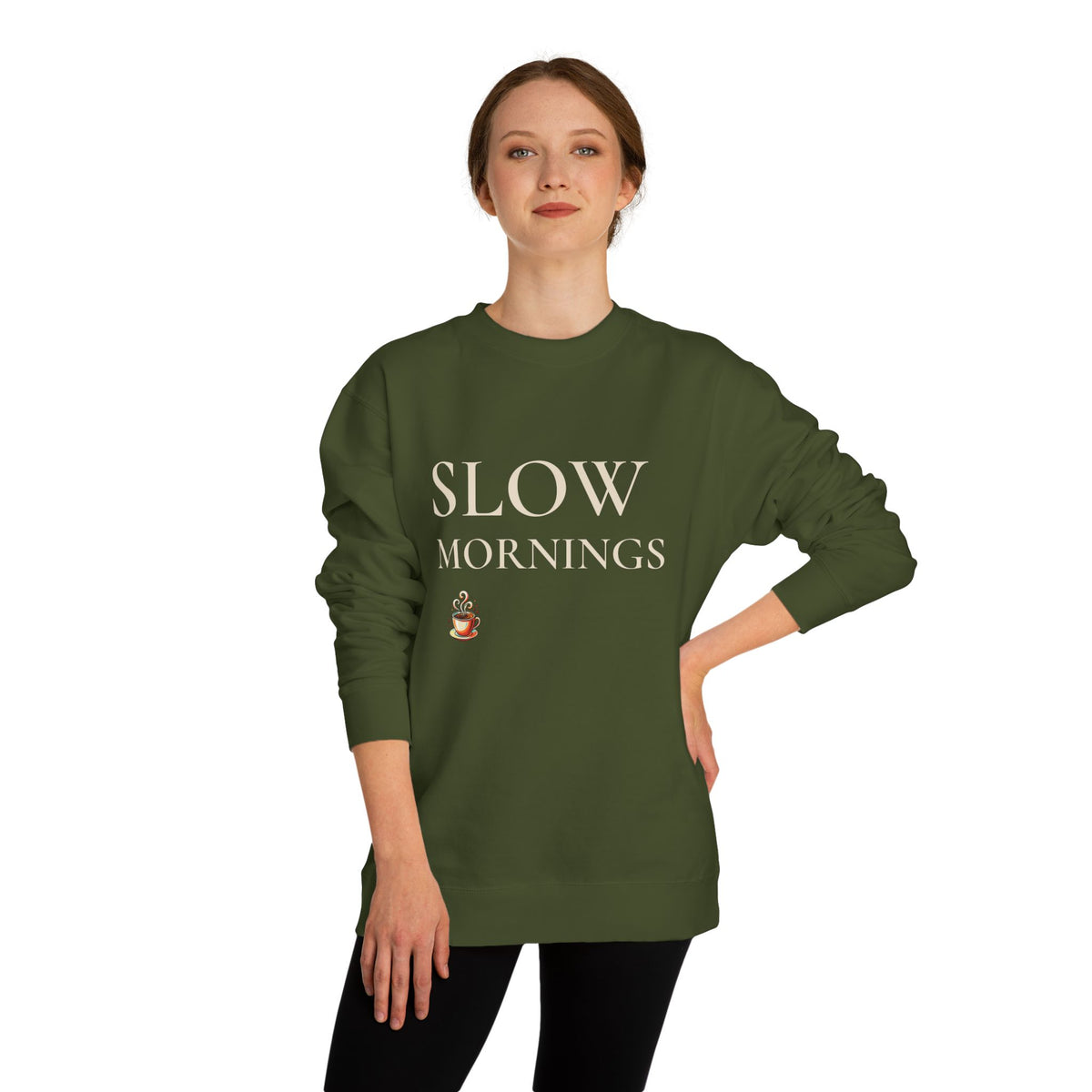 Women’s Slow Mornings Sweatshirt, Cozy Coffee Graphic Crewneck, Casual Pullover