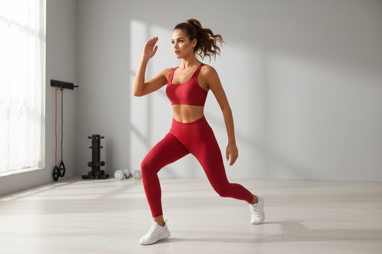 Woman wearing a red sports bra odoing a lunge