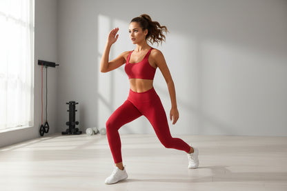 Woman wearing a red sports bra odoing a lunge