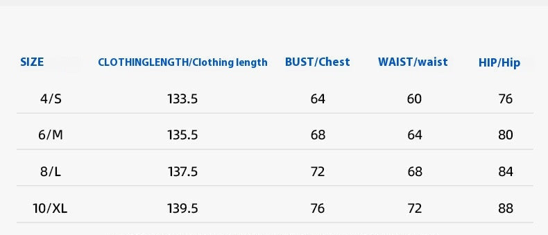Size chart for clothing measurements on a white background