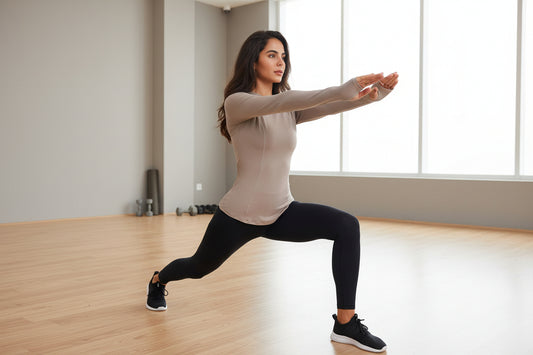 Woman wearing a beige long-sleeve top with a hood while working out