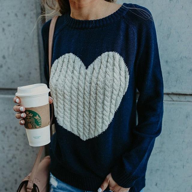 Heart Pattern Long Sleeve Knitted Pullover — Heart Pattern Sweater