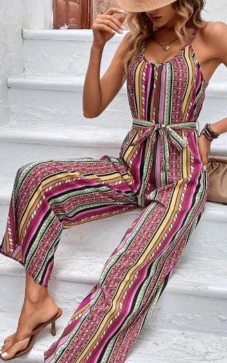 Halter Neck Striped Resort Style Jumpsuit | Women's Jumpsuit