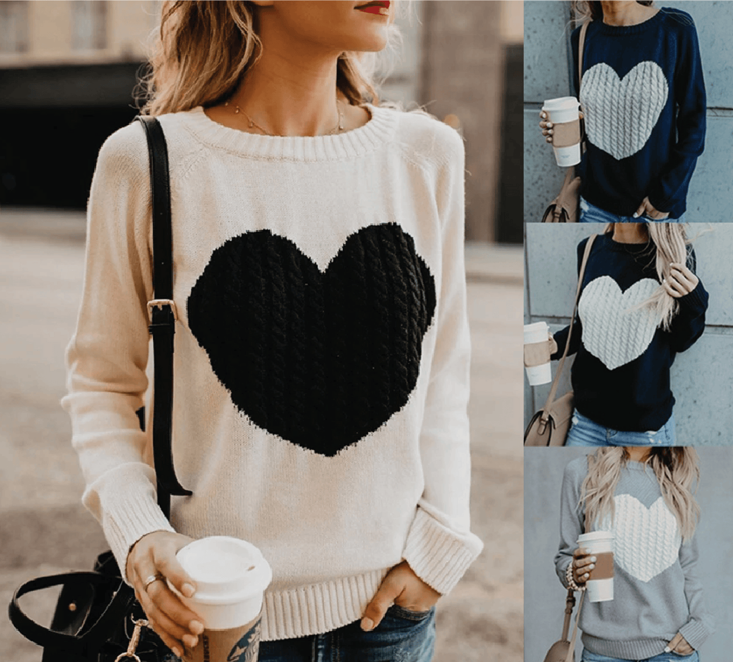 Heart Pattern Long Sleeve Knitted Pullover — Heart Pattern Sweater