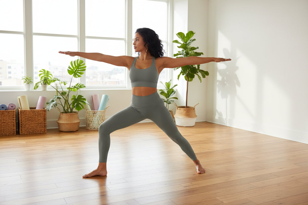 Woman wearing a gray sports bra and leggings in a yoga studio