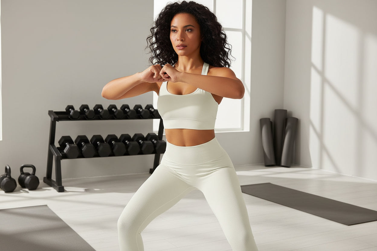 Woman wearing a white sports bra in a gym setting doing a squat