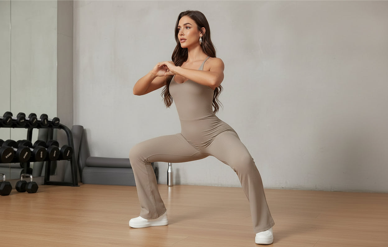 Woman wearing a beige jumpsuit in a fitness studio