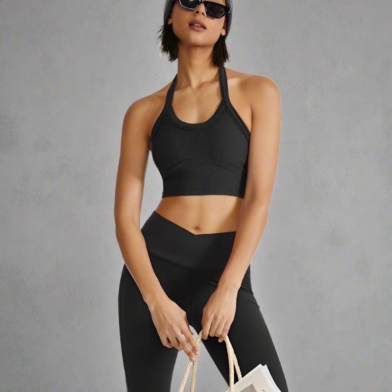 Black Ribbed Halter Neck Sports Bra | JHB Marketplace