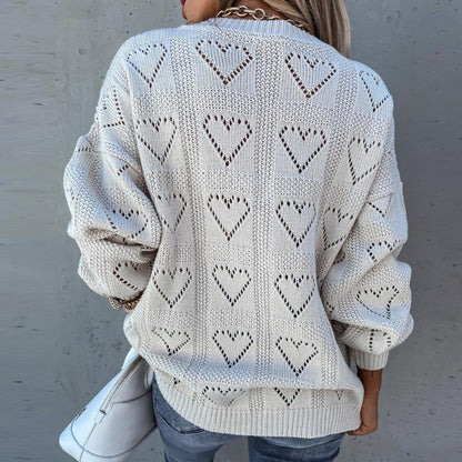 Heart Print Knitted Lose V-Neck Sweater — Heart Print Sweater