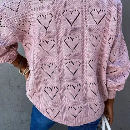 Heart Print Knitted Lose V-Neck Sweater — Heart Print Sweater