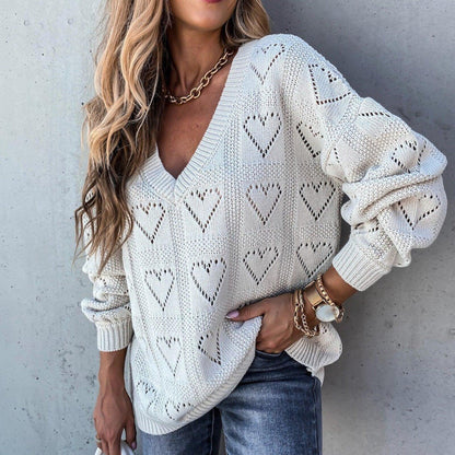 Heart Print Knitted Lose V-Neck Sweater — Heart Print Sweater