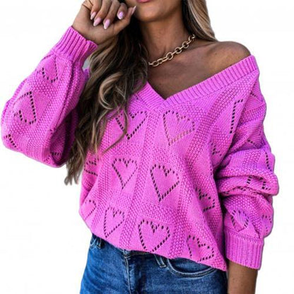 Heart Print Knitted Lose V-Neck Sweater — Heart Print Sweater