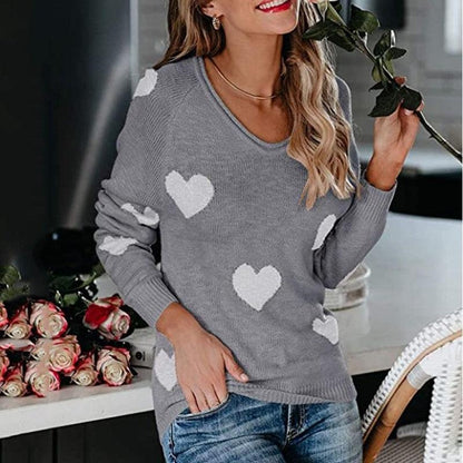 Women's Wide-Neck Cozy Pullover Heart Print Sweater