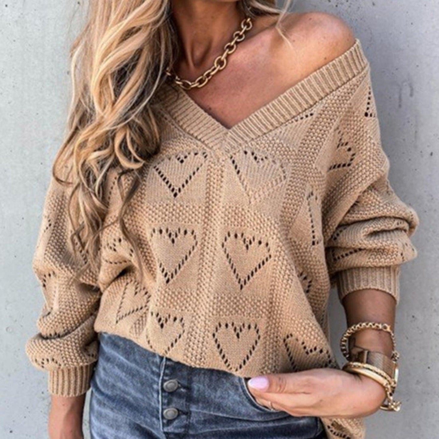 Heart Print Knitted Lose V-Neck Sweater — Heart Print Sweater