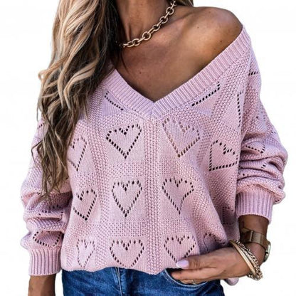 Heart Print Knitted Lose V-Neck Sweater — Heart Print Sweater