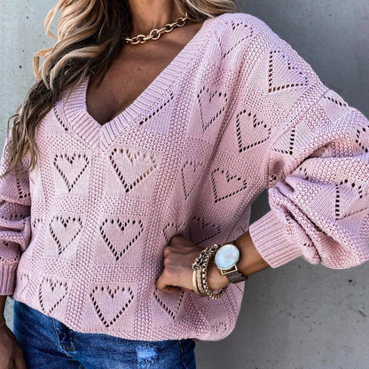 Heart Print Knitted Lose V-Neck Sweater — Heart Print Sweater