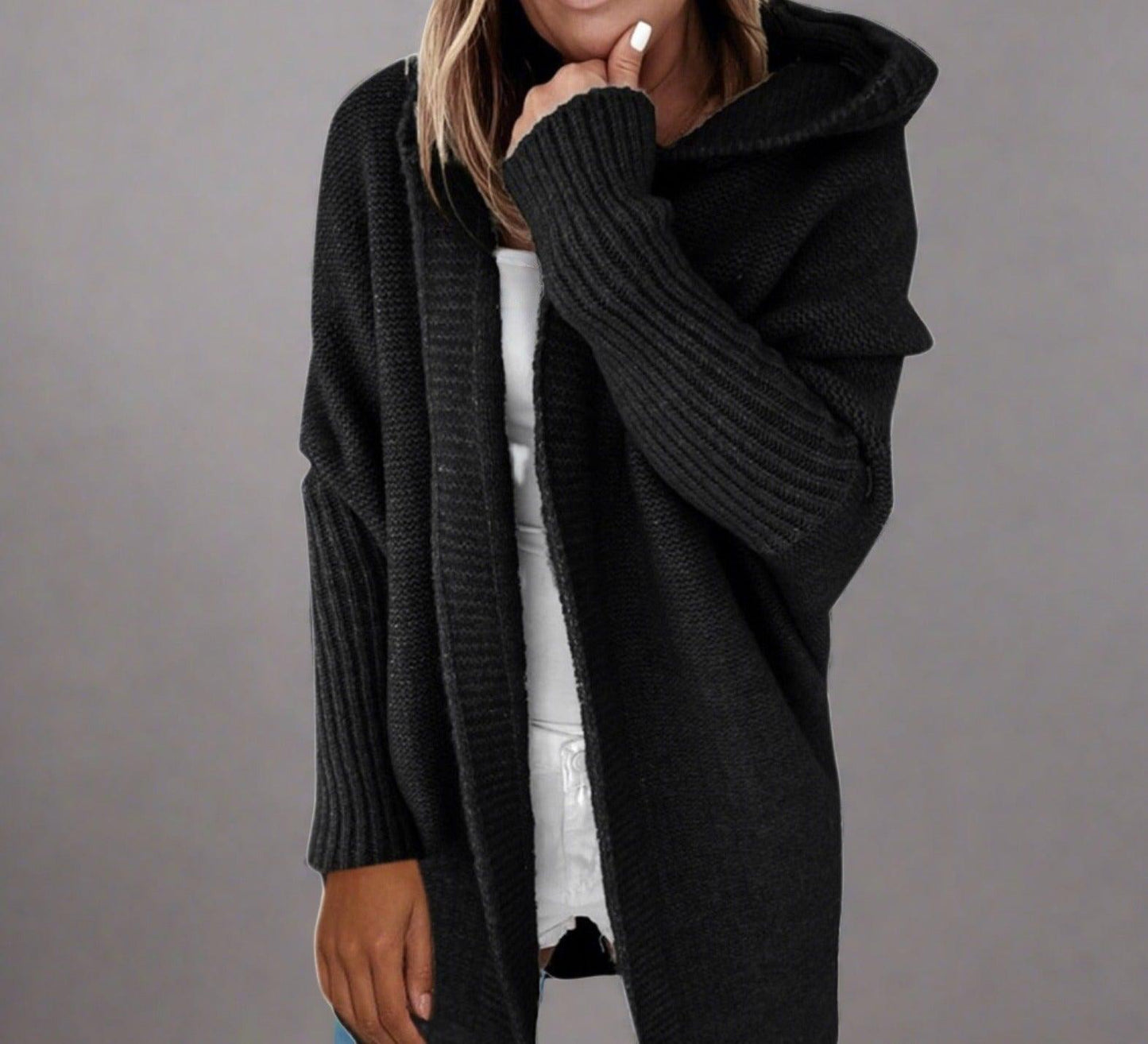 Long Knitted Cardigan — Hooded Women's Cardigan