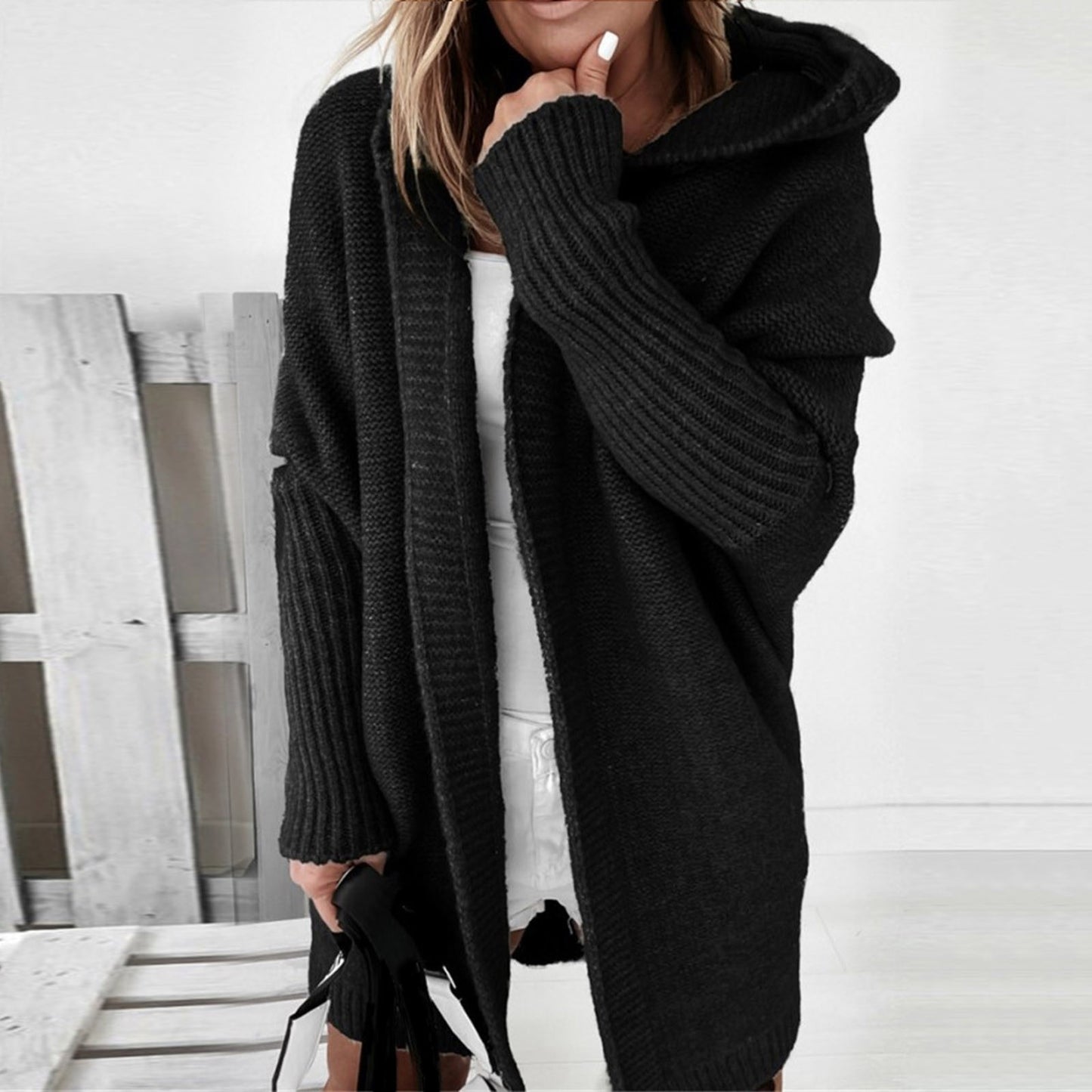 Long Knitted Cardigan — Hooded Women's Cardigan