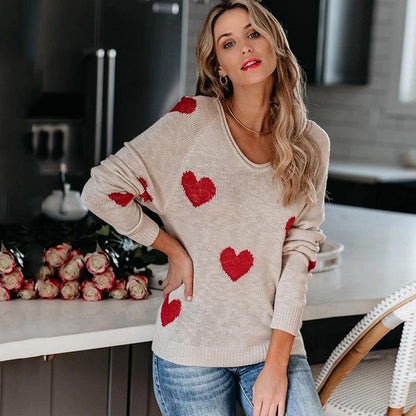 Women's Wide-Neck Cozy Pullover Heart Print Sweater