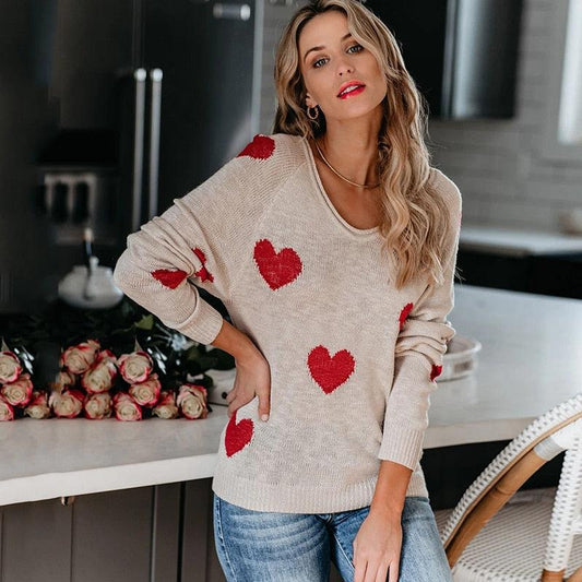 Women's Wide-Neck Cozy Pullover Heart Print Sweater