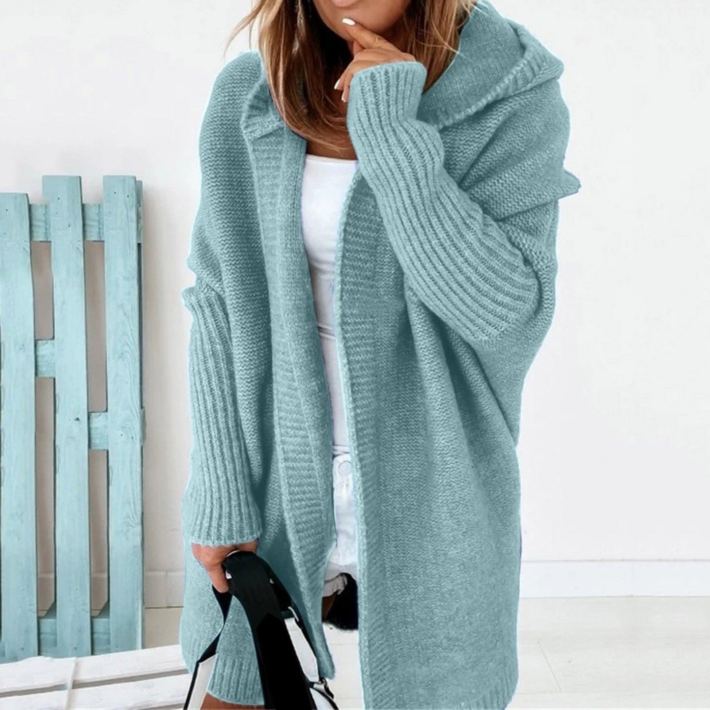 Long Knitted Cardigan — Hooded Women's Cardigan