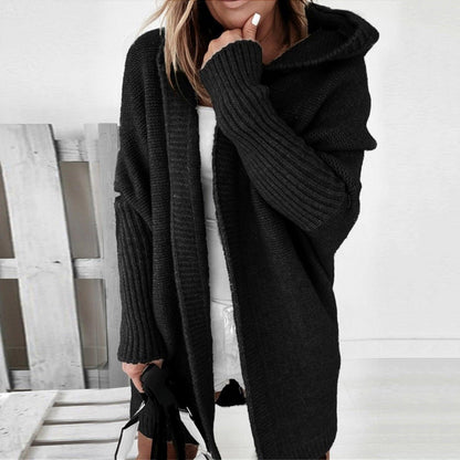 Long Knitted Cardigan — Hooded Women's Cardigan