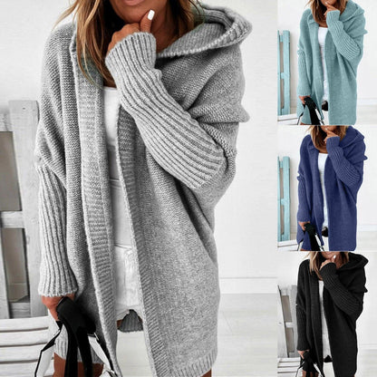 Long Knitted Cardigan — Hooded Women's Cardigan