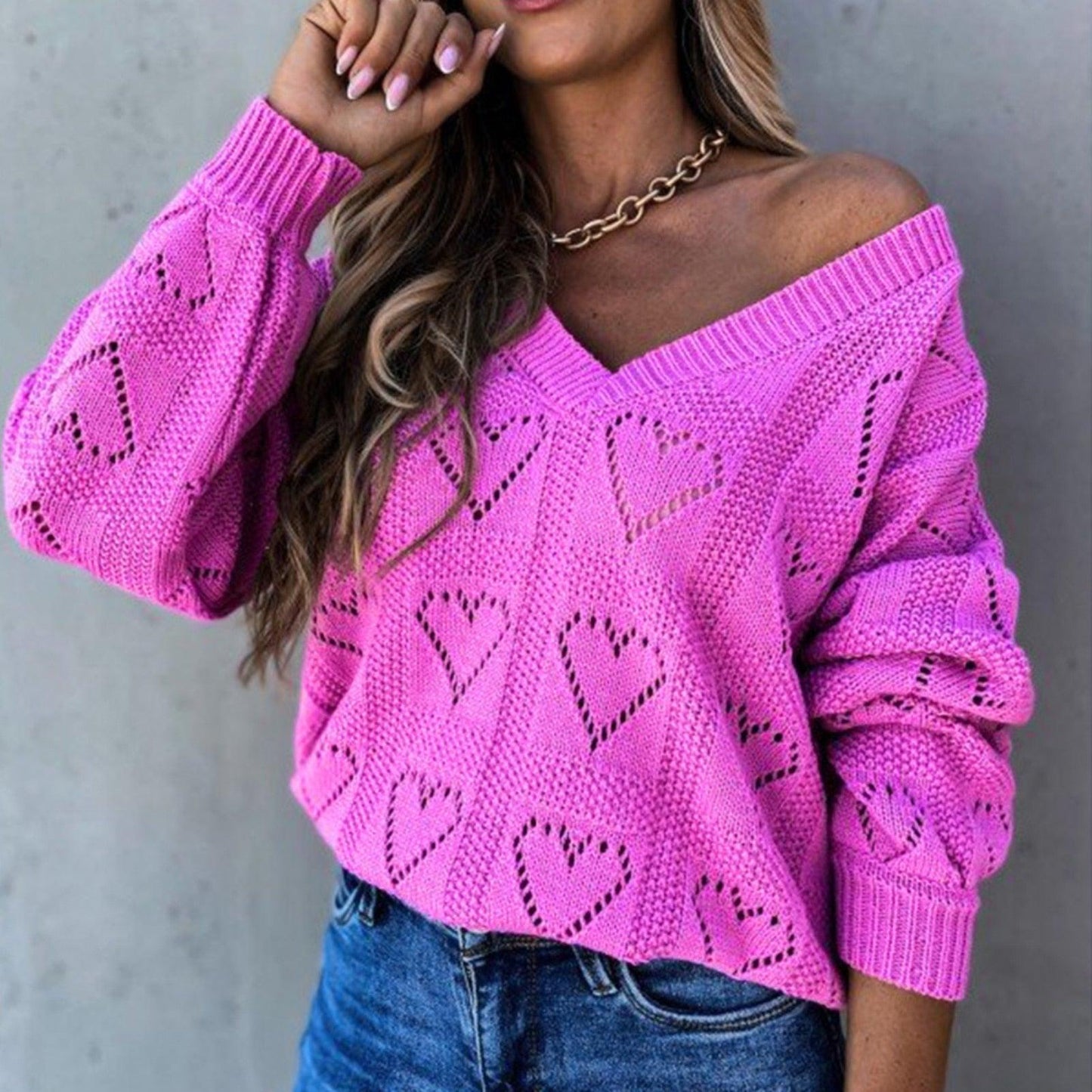 Heart Print Knitted Lose V-Neck Sweater — Heart Print Sweater