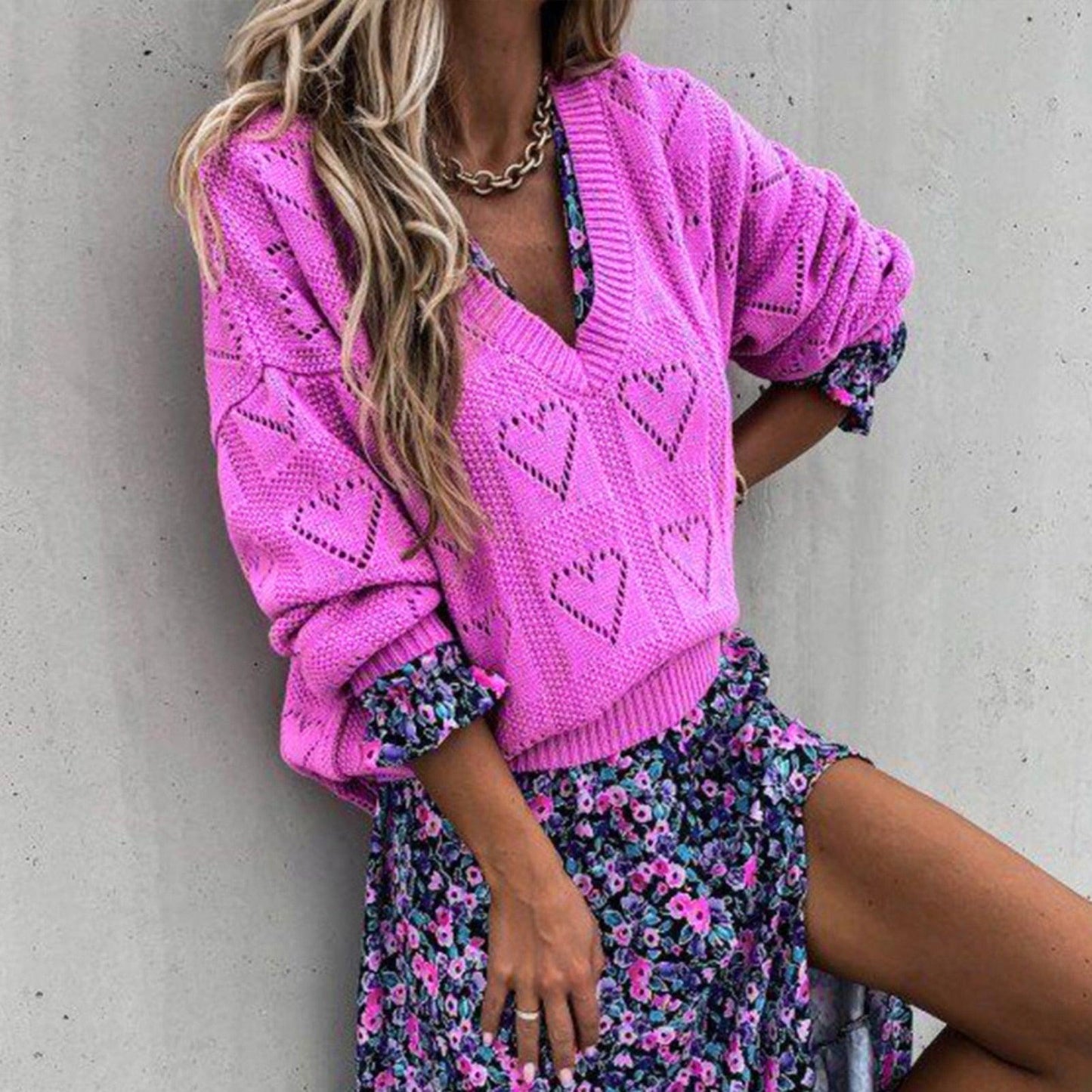 Heart Print Knitted Lose V-Neck Sweater — Heart Print Sweater