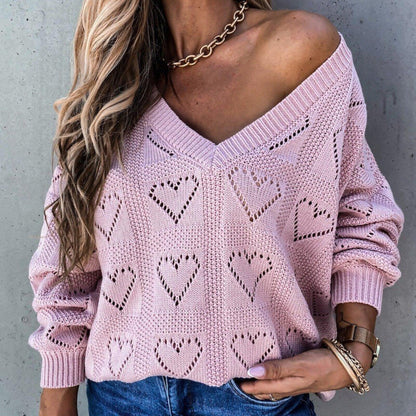 Heart Print Knitted Lose V-Neck Sweater — Heart Print Sweater