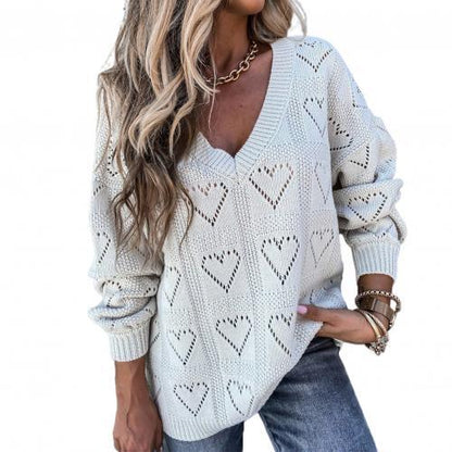 Heart Print Knitted Lose V-Neck Sweater — Heart Print Sweater