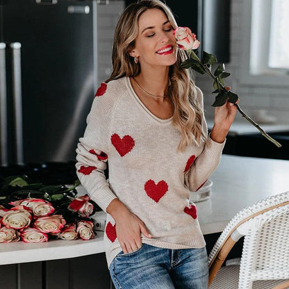 Women's Wide-Neck Cozy Pullover Heart Print Sweater