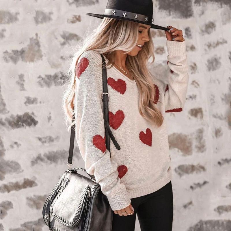 Women's Wide-Neck Cozy Pullover Heart Print Sweater