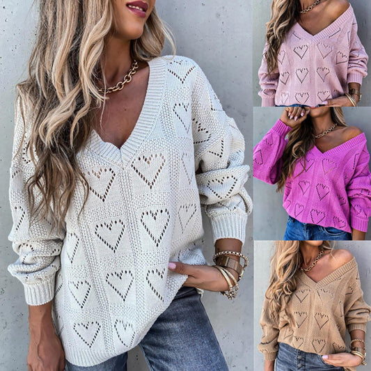 Heart Print Knitted Lose V-Neck Sweater — Heart Print Sweater