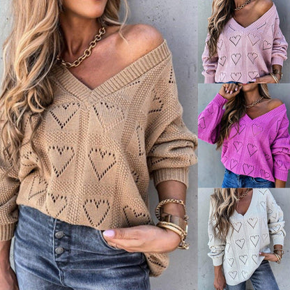 Heart Print Knitted Lose V-Neck Sweater — Heart Print Sweater