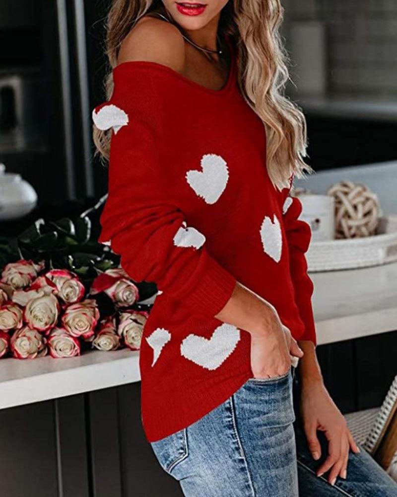 Women's Wide-Neck Cozy Pullover Heart Print Sweater