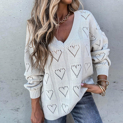 Heart Print Knitted Lose V-Neck Sweater — Heart Print Sweater