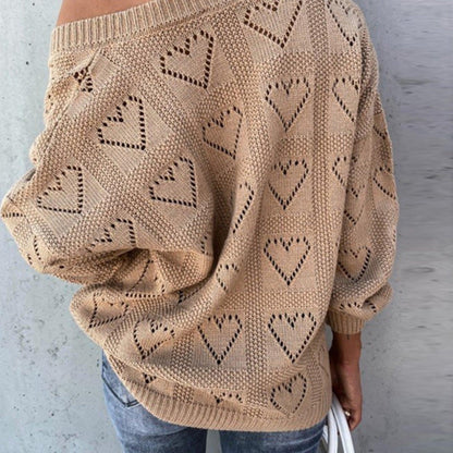 Heart Print Knitted Lose V-Neck Sweater — Heart Print Sweater