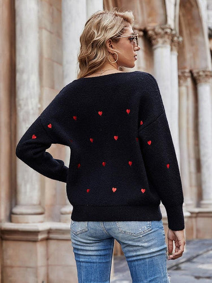 Embroidery Heart Print Sweater — V-Neck One Shoulder Sweater