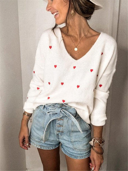 Embroidery Heart Print Sweater — V-Neck One Shoulder Sweater